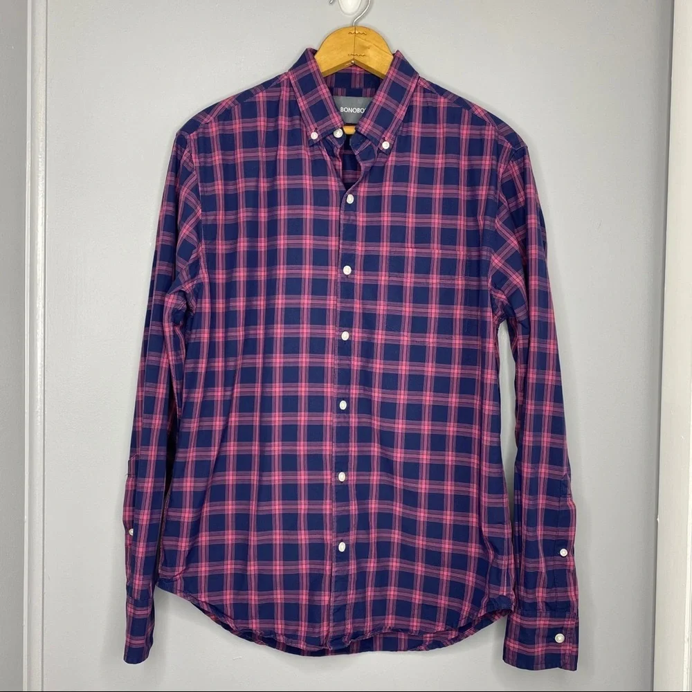 BONOBOS Pink and Navy Blue Button Down Shirt - Picture 1 of 3